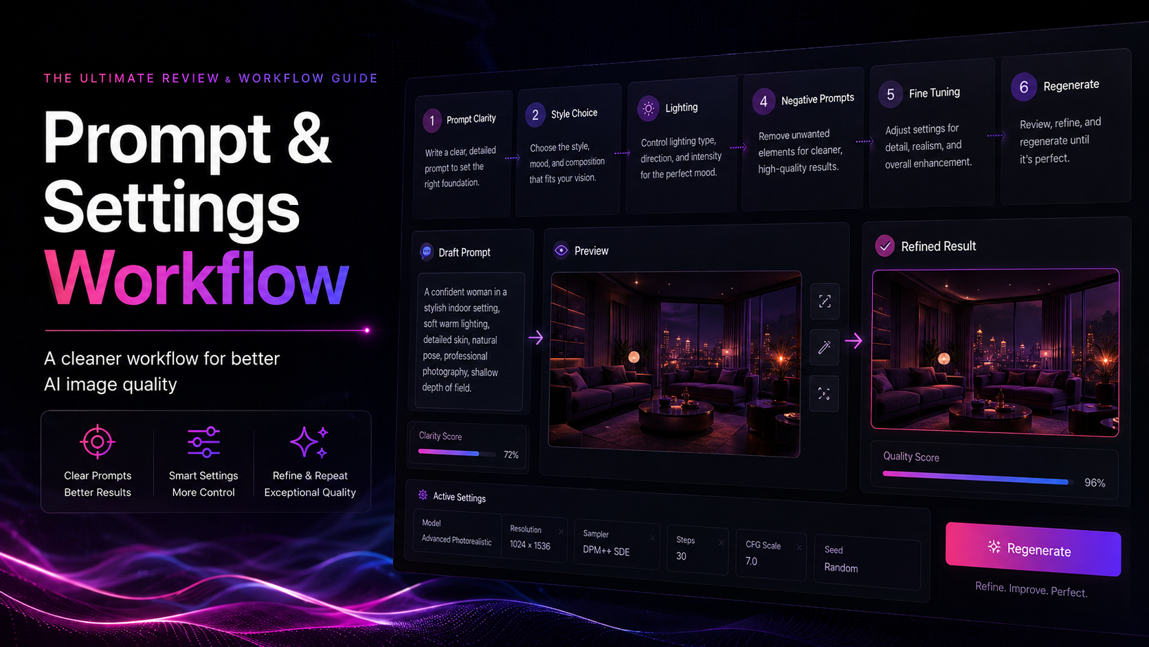 Adult AI prompt and settings workflow banner showing prompt clarity, style controls, negative prompts, regeneration, and quality review