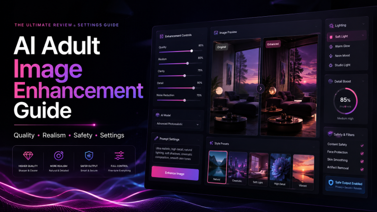 AI adult image enhancement guide banner showing a non-explicit editing dashboard, quality controls, realism settings, safety filters, and image preview panels