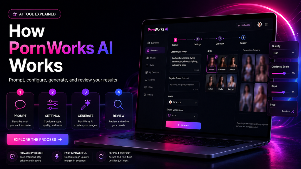 PornWorks AI workflow banner showing prompt, settings, generate, and review steps in a non-explicit AI tool interface