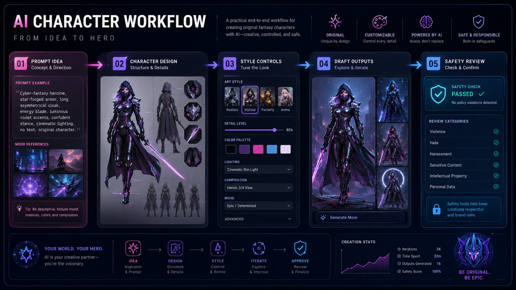Original fantasy character AI workflow banner showing prompts, character design, style controls, and safety review steps