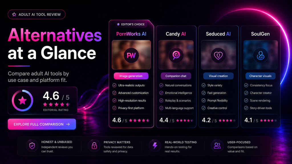 PornWorks AI alternatives comparison banner with Candy AI, Seduced AI, SoulGen, ratings, and adult AI tool use cases