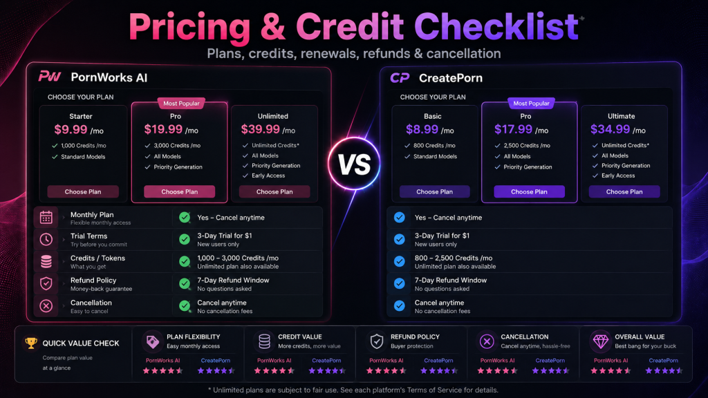 Pricing and credit checklist for PornWorks AI and CreatePorn showing plan types, credits, renewals, refund policy, and cancellation checks