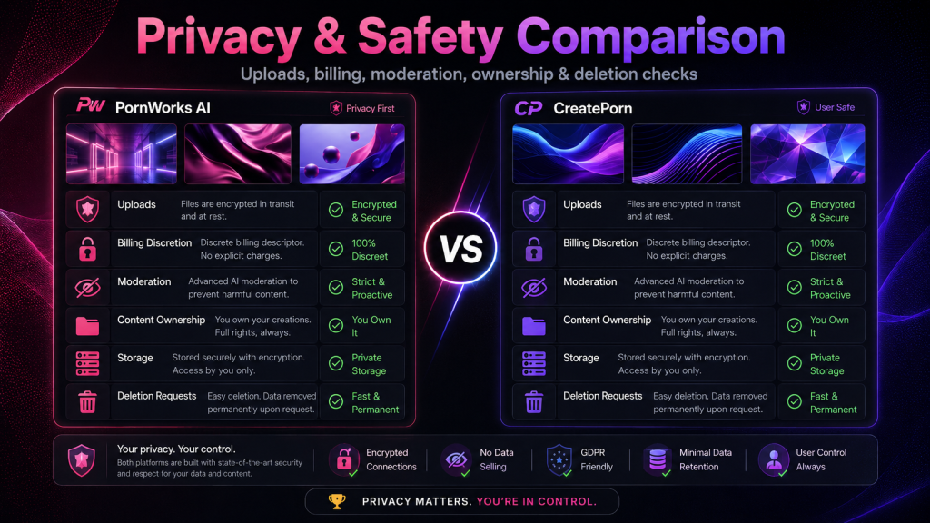 Privacy and safety comparison for PornWorks AI and CreatePorn showing uploads, billing, moderation, ownership, storage, and deletion checks