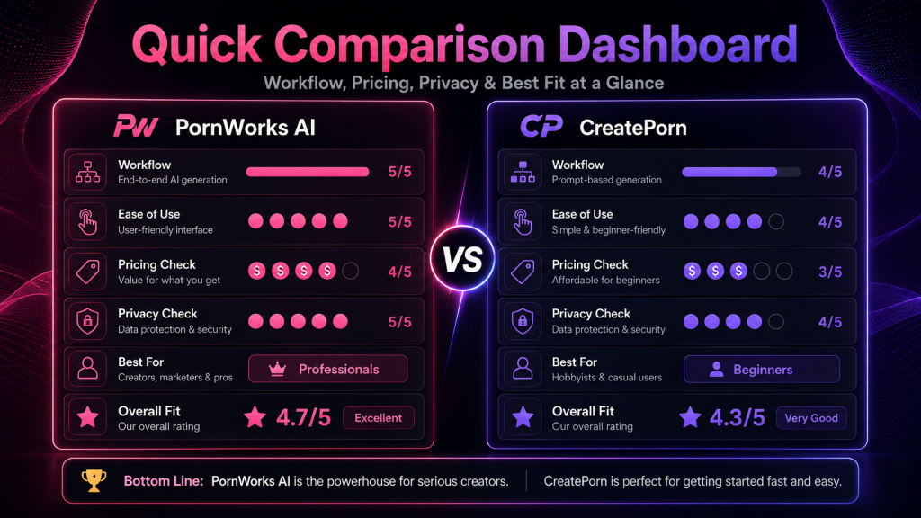 Quick comparison dashboard for PornWorks AI and CreatePorn showing workflow, ease of use, pricing, privacy, and overall fit