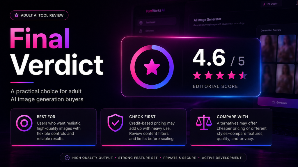 PornWorks AI final verdict banner with 4.6 out of 5 editorial rating and adult AI image generation review summary