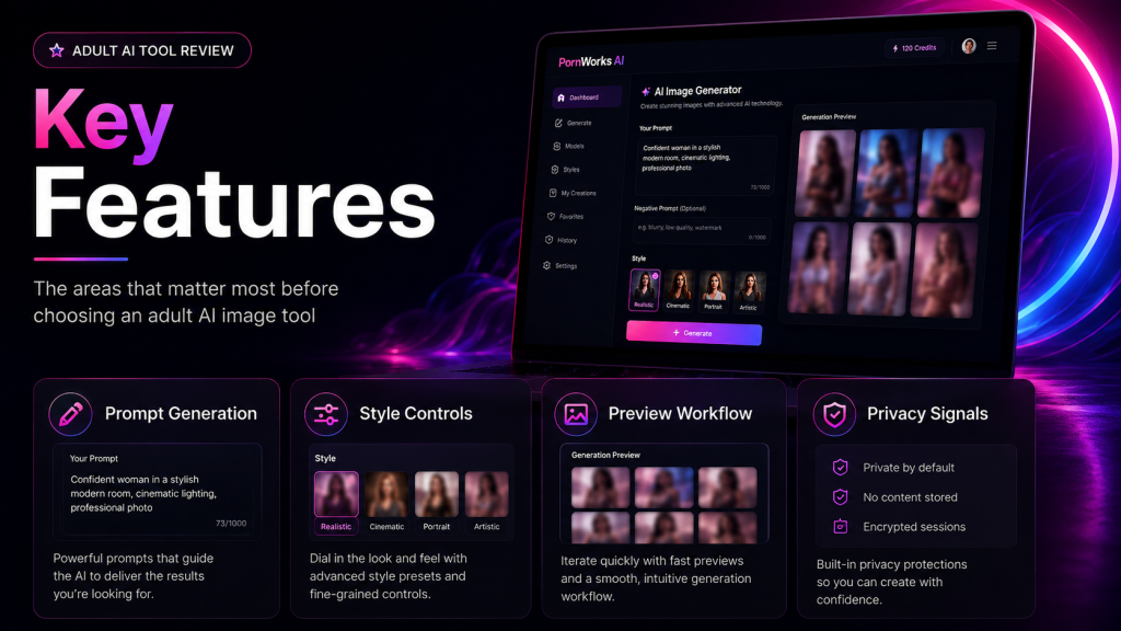 PornWorks AI key features banner showing prompt generation, style controls, preview workflow, and privacy signals