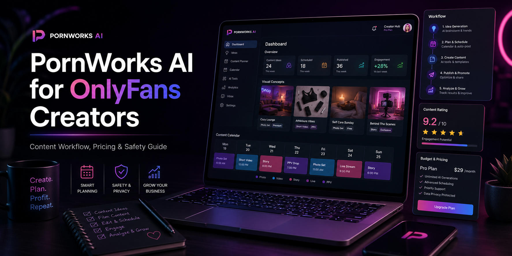 PornWorks AI for OnlyFans creators guide banner showing a non-explicit creator dashboard, content ideas, PPV planning, promo workflow, and safety checklist