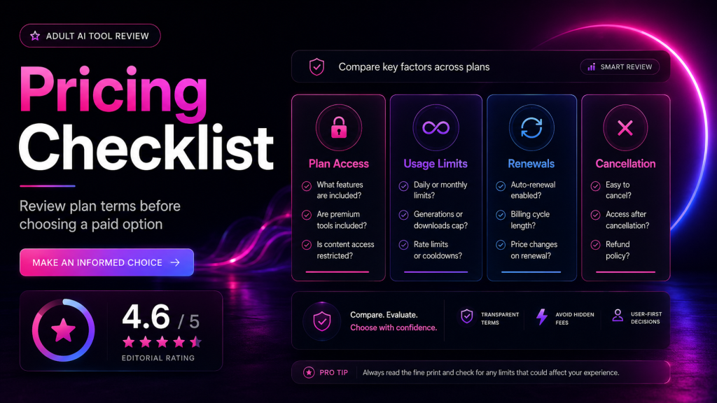 PornWorks AI pricing checklist banner showing plan access, usage limits, renewals, cancellation, and editorial rating