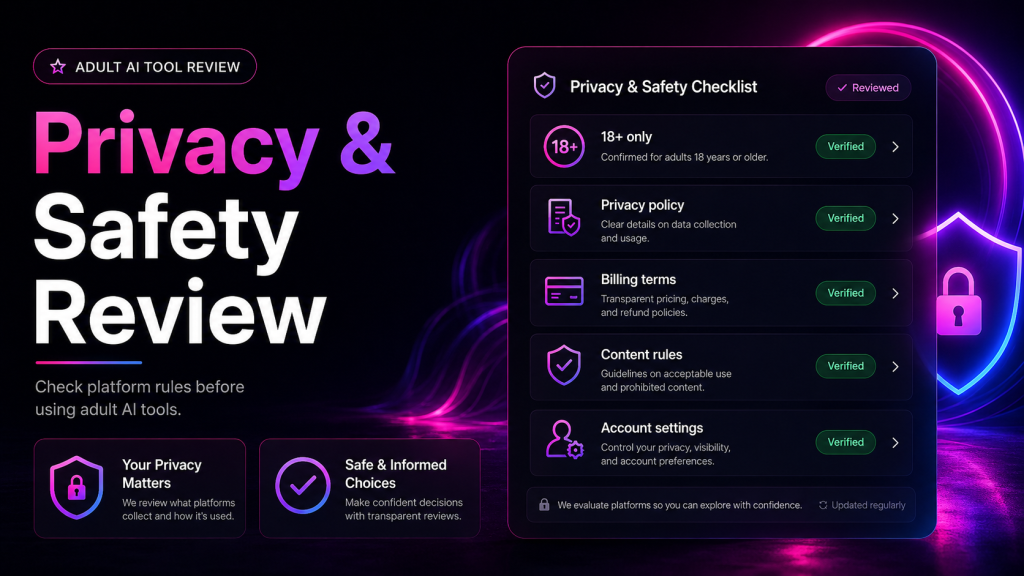 PornWorks AI privacy and safety review banner showing 18 plus notice, privacy policy, billing terms, content rules, and account settings