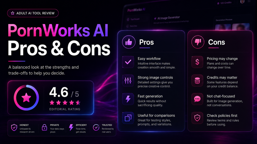 PornWorks AI pros and cons banner comparing easy workflow, image controls, pricing changes, credits, and policy checks
