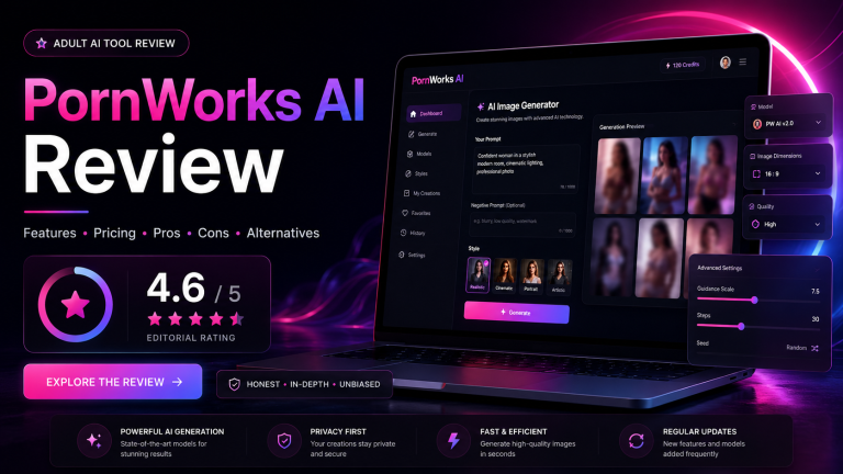 PornWorks AI review banner with a dark AI generator dashboard, editorial rating, and non-explicit preview panels