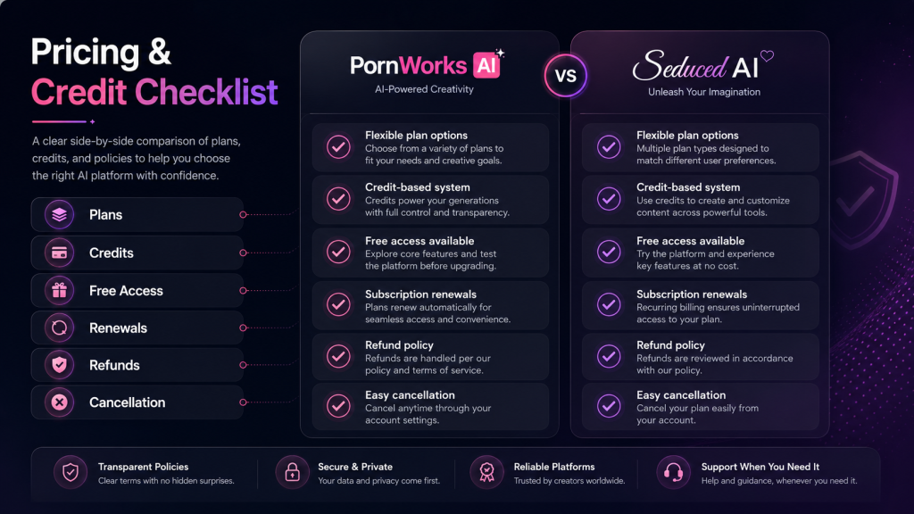 Pricing and credit checklist for PornWorks AI and Seduced AI showing plans, credits, free access, renewals, refunds, and cancellation checks