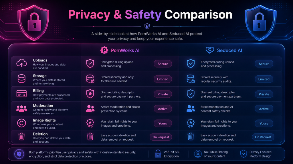 Privacy and safety comparison for PornWorks AI and Seduced AI showing uploads, storage, billing, moderation, image rights, and deletion checks