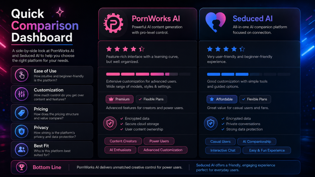 Quick comparison dashboard for PornWorks AI and Seduced AI showing ease of use, customization, pricing, privacy, and best fit