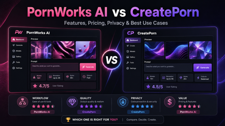 PornWorks AI vs CreatePorn comparison banner showing two non-explicit adult AI generator dashboards and key decision factors
