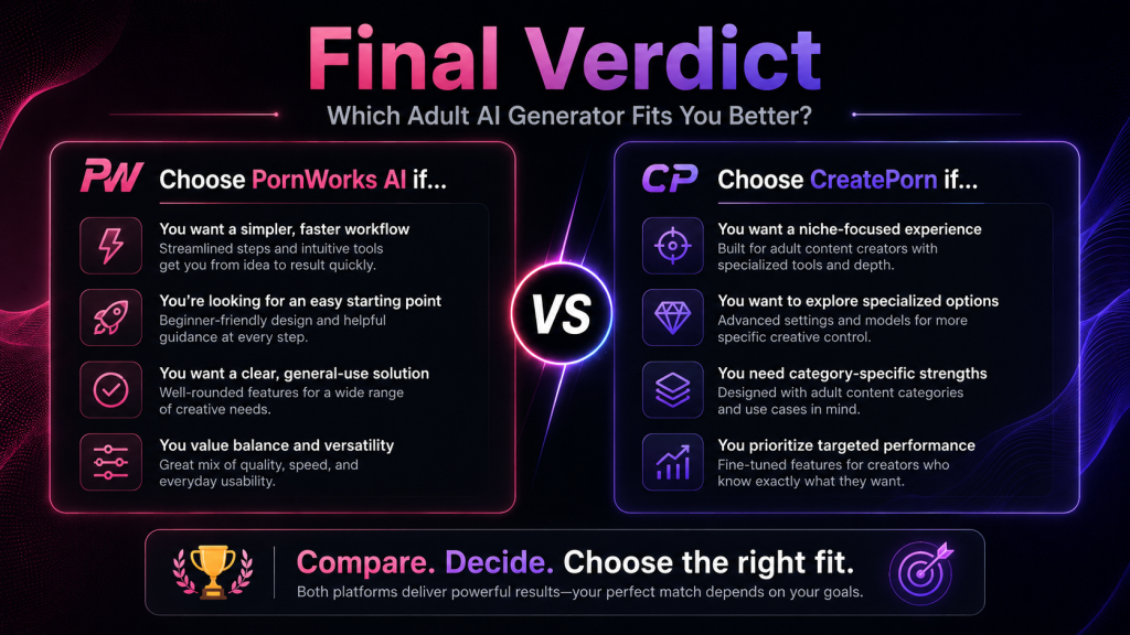 Final verdict banner comparing PornWorks AI and CreatePorn by best use cases, workflow fit, niche focus, and buyer decision factors