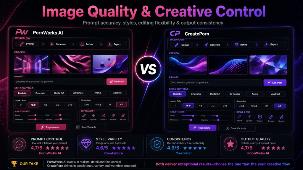 PornWorks AI vs CreatePorn image quality and creative control comparison with prompt, style, resolution, and output settings