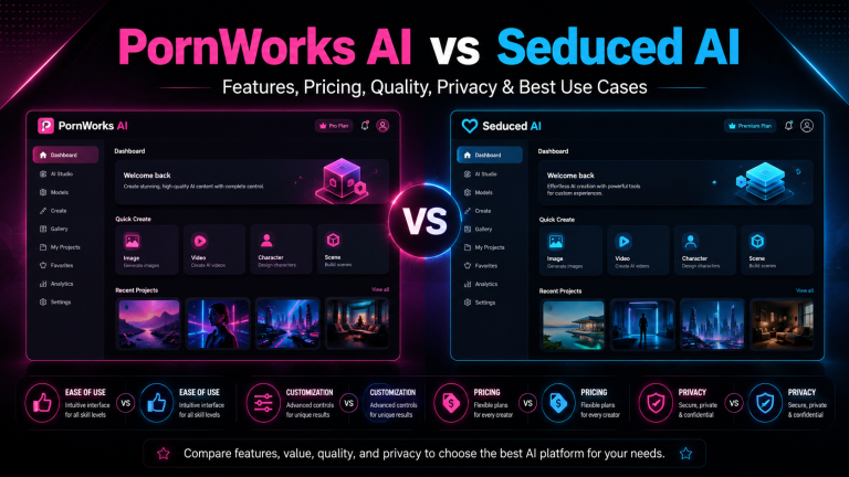 PornWorks AI vs Seduced AI comparison banner showing two non-explicit adult AI generator dashboards and key decision factors