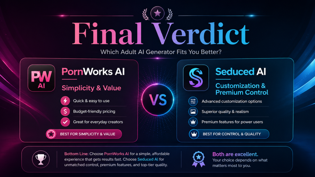 Final verdict banner comparing PornWorks AI and Seduced AI by simplicity, customization, value, privacy, and buyer fit