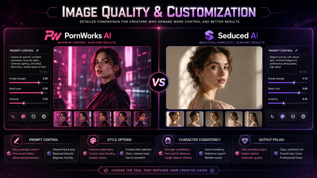 PornWorks AI vs Seduced AI image quality and customization comparison with prompt controls, style settings, character consistency, and output polish