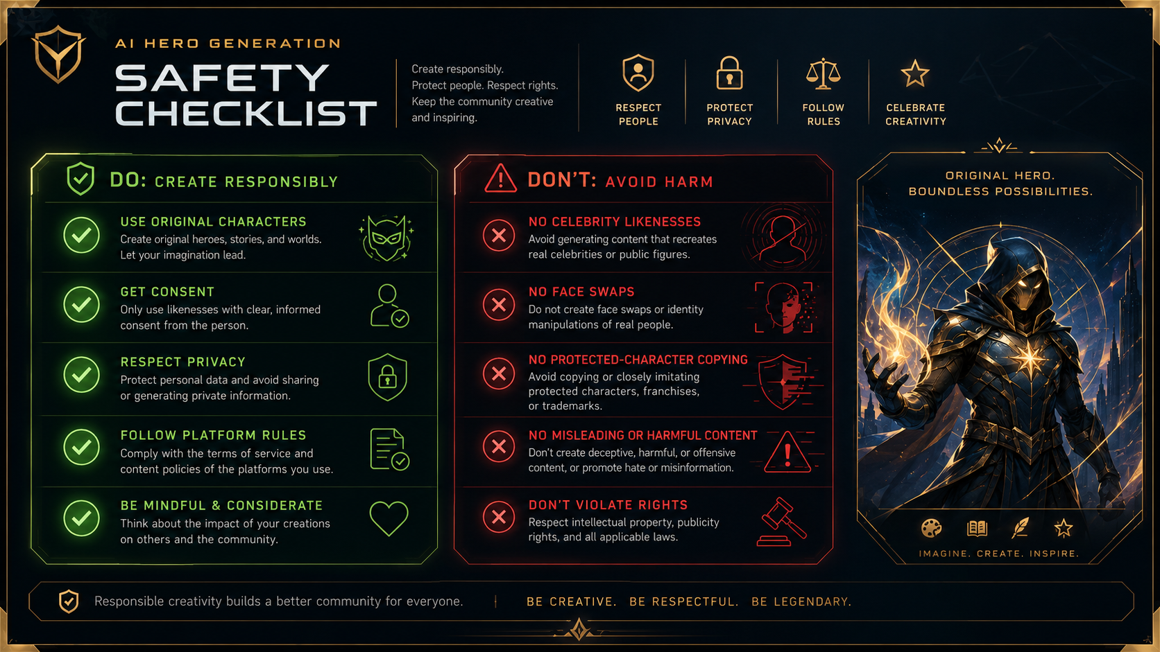 Superhero AI consent and likeness safety checklist showing original characters, privacy, image rights, and platform rules