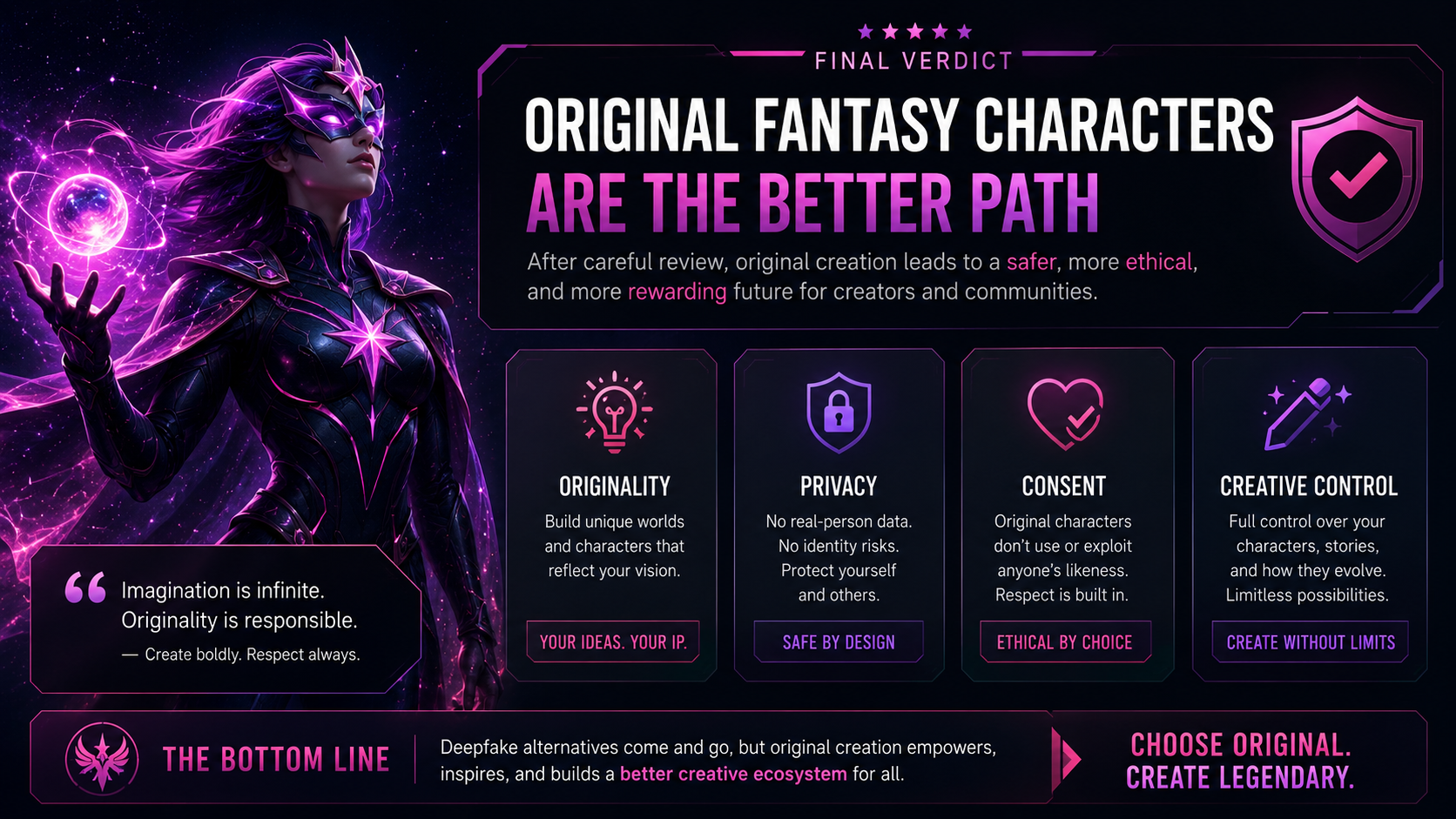 Final verdict banner explaining original fantasy characters as a safer alternative to celebrity deepfakes
