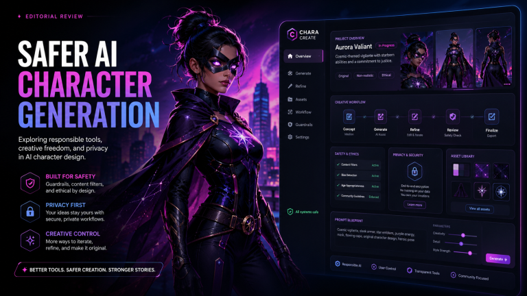Superhero deepfake AI alternatives guide banner showing safer AI character generation, original fantasy hero design, privacy tools, and a non-explicit creative dashboard