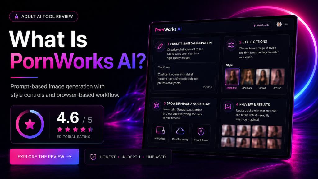 PornWorks AI overview banner showing prompt-based image generation, style controls, browser workflow, and preview results